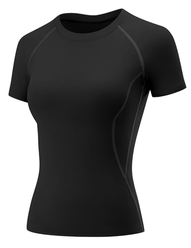 Rapbin T-Shirts für Damen Kurzarm Sportshirt Gym Top Sport Oberteil Laufen Shirt Leicht Fitness Oberteil Rundhals Schwarz M