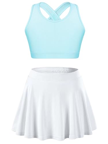 HULIJA Kinder Mädchen Tennis Set Kurz Sport Bustier + Tennisrock mit Innenhose Tenniskleid Sportanzug Sommer Tennis Sport Fitness Db Hellblau & Weiß 134-140