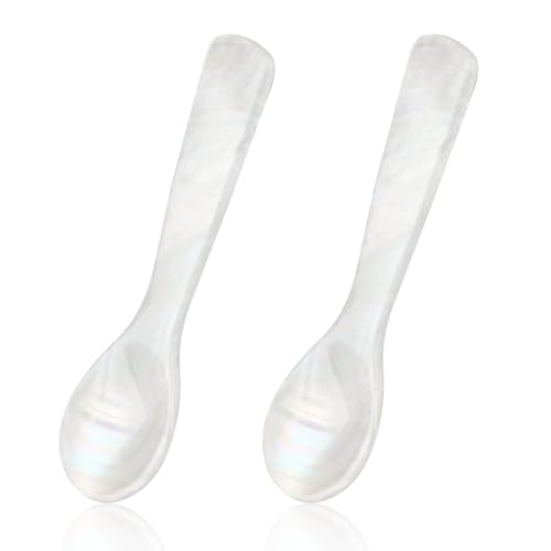 Perlmutt Löffel, 2er Set – 9cm weiße Kaviar Löffel mit geradem Griff ideal für Fischkaviar Sushi und Delikatessen Hochwertige weiße Perlmuttmaterial für elegantes Servieren