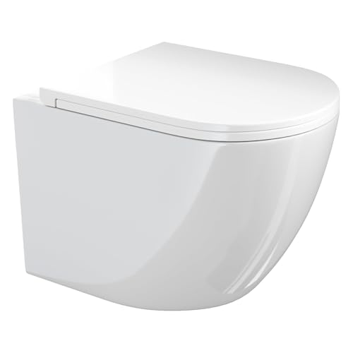 VILSTEIN Hänge WC mit 360° Tornado-Spülung, Spülrandloses Wand-Toilettenbecken aus Keramik, geräuscharm, inkl. WC-Sitz mit Absenkautomatik – Weiß, 49 cm