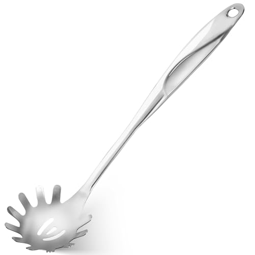 Frogetu 1 Stück Spaghettilöffel,Einteiliger Edelstahl Nudellöffel,Nudelsieb mit Zähnen,Hochwertige Spaghettikelle,Professional Spaghettilöffel,Silber Pasta Server Utensil,Für Küche