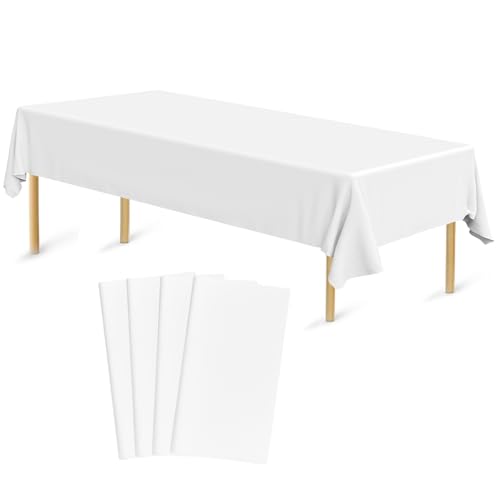 Bouiexye 4 Stück Einweg Tischdecken 137 x 274 cm Tischdecke aus Kunststoff Weiß Rechteckige Tischabdeckung Gartentischdecke für Gastronomie Party Hochzeiten Grillen Picknick