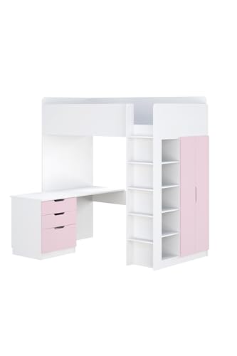 Shefa Kids Modernes Hochbett mit Kleiderschrank, Schreibtisch und Regal - 90 x 200 cm Liegefläche - Platzsparendes Kinder Kinderbett - Rosa