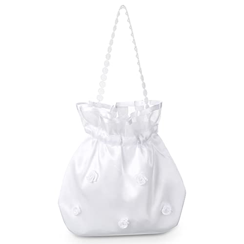 Weiß Satin Brautbeutel Blume Brauttasche Hochzeit Handtasche für Braut Brautjungfer Kommunion Unterarmtasche Weiß Handtaschen für Frauen Mädchen Hochzeit Bridal Shower Party Accessoires