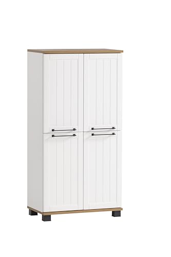 Schildmeyer Highboard Jelda, Holzwerkstoff, weis matt/Eiche Landhaus Dekor, 59,8 x 32,6 x 116,9 cm