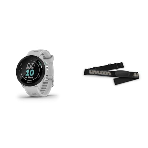 Garmin Forerunner 55 – GPS-Laufuhr mit 1,04“ Always-On-Farbdisplay & Premium-Herzfrequenz-Brustgurt Dual Basic, Herzfrequenzdaten in Echtzeit via Bluetooth Low Energy oder ANT+