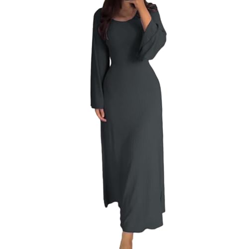 Strickkleid Damen Lang Elegant, Casual Winterkleid Damen Langarm Warm Tunika Kleid Schlank Wickelkleid Rundhals Cocktailkleid Sexy Partykleid Mit Bindegürtel Solide Rippenstrick Kleid Mit Split