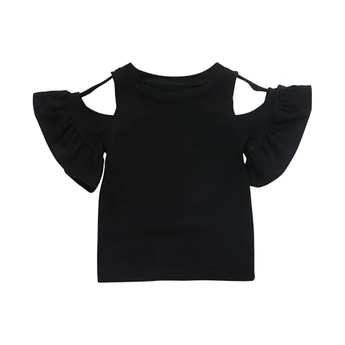 Tshirt Kinder Baumwolle Ärmel schulterfrei T-Shirt Rüschenärmel Mode T-Shirts für Mädchen Rundhals Kurzarm Top Sommer Atmungsaktiv Freizeit Croptop Unterhemd 6Monate-5 Jahre 0 Schwarz 80