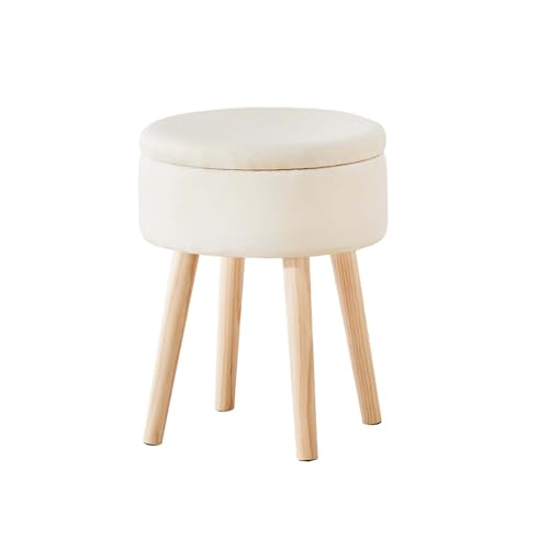 IOOMVOL Runder Hocker Ottoman Holz Schminktisch Sitzhocker 2-in-1 inklusive Stauraum, Hocker Weiß mit Tischfunktion Robust Langlebig für Wohnzimmer Schlafzimmer Garten 34x34x43cm