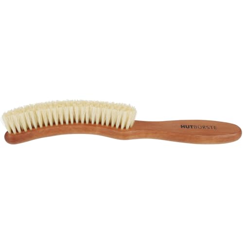 KulturGUT-shop Hutbürste aus geöltem Birnbaum - Holz mit reinen Wildschweinborsten und ergonomisch gebogenem Griff, ideal zur Reinigung von Filzhüten und schonender Hutpflege, Länge ca. 240 mm