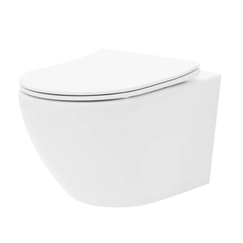 VBChome Hänge-WC Spülrandloses aus Keramik mit Toilettendeckel WC-Sitz aus Duroplast Absenkautomatik Rimless SoftClose-Funktion Tiefspüler Toilette Oval Form Wand WC Wand-WC-Set