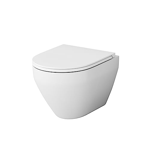 Spülrandloses WC Toilette mit Softclose Toilettensitz, Hänge-WC CSB1700SC Spirit 2.0 FlashClean aus Keramik, Wand-WC, 490mm lang, Weiß