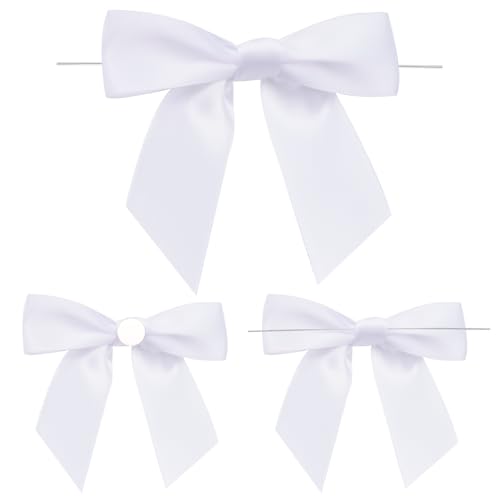G2PLUS 50 Stück Weiß Fertige Schleifen, Geschenkschleifen Selbstklebend, Satin Schleifen zum Basteln, Schleife Geschenk mit Draht für Geschenkverpackung, Basteln