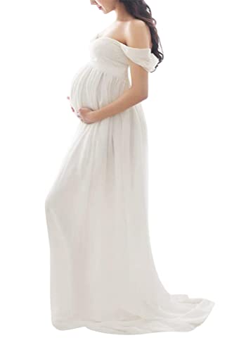 Tomwell Damen Schwangerschaftskleid Split Bodenlanges Kleid Einfarbig Elegant Fotoshooting Umstandskleider Maternity Chiffonkleid Maxi Schwangere Fotografie Kleid A Weiß M