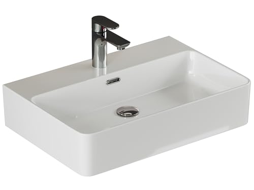 Aqua Bagno Keramik Waschbecken 60cm, Modernes Design für Bad & Gäste-WC, Aufsatzwaschbecken weiß