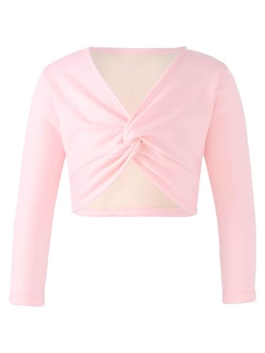 FEESHOW Kinder Mädchen Ballett Wickeljacke Langarm Wärme Samt Fleece Ballettjacke Gymnastik Tanz Strickjacke Pullover Top Ballettkleidung Rosa 110-116