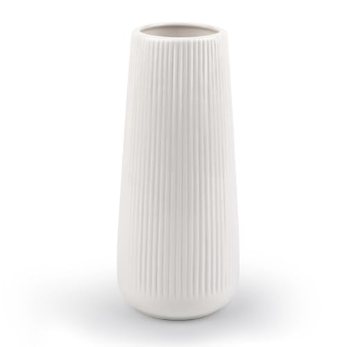 Keramik Vase Weiß, Blumenvase Vasen Deko für Blumen, Dekorative Vasen mit Rillen, Vase Modern für Pampasgras, Kleine Vase für Home Wohnzimmer Esstisch Eingangsbereich Büro Dekor