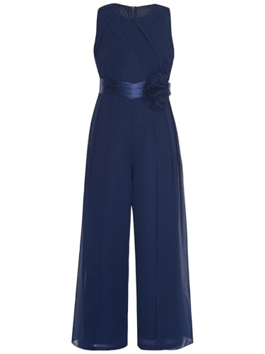 Fldy Mädchen Jumpsuit Festlich ärmellos Overall Lang Weites Bein Hose Mit Taillengürtel Für Party Hochzeit Kommunion Navy blau 146-152