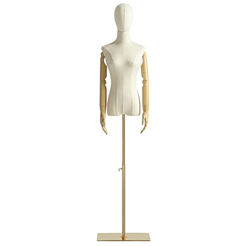 Weibliche Schaufensterpuppe Kleid Form Torso, Display Schaufensterpuppe Körper mit abnehmbarem Kopf, hölzerne Hände und goldene einstellbar 55 "-80" Höhe Stehen, für Kleid Schmuck Display, Beige