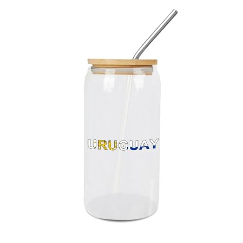 Yelolyio Glasbecher mit Uruguay-Flagge, mit Bambusdeckel, niedliches Glas für Bier, Eis, Kaffee, Entsaften, Soda, Tee, 473 ml, Geschenkidee für Freunde