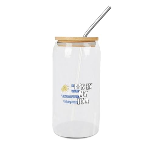 Yelolyio It's in My DNA Uruguay-Flagge, Fingerabdruck-Glasbecher mit Bambusdeckel, niedlicher Glasbecher für Bier, Eis, Kaffee, Entsaften, Limonade, Tee, 473 ml, Geschenkidee für Freunde
