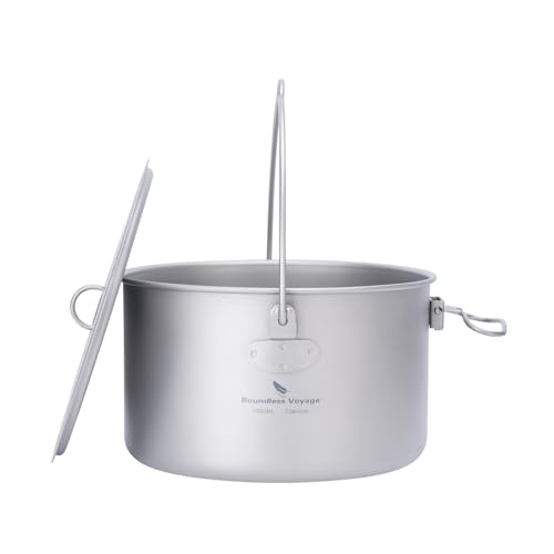 iBasingo 1,95L Titan Hängender Topf Camping Schüssel Leichte Outdoor Kochgeschirr Koch Mess Kit mit Klappgriff Küchen Utensilien für den Außenbereich für 1-2 Personen Ti2044C