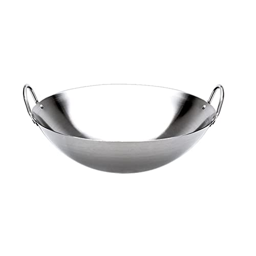 GXDHOME Extra dick 201 Nicht magnetisch Doppelohr Edelstahl Wok 34cm-50cm Runder Boden chinesischer Stil Unbeschichtet Woks für Gasinduktionskochfeld(Farbe: helles Silber)