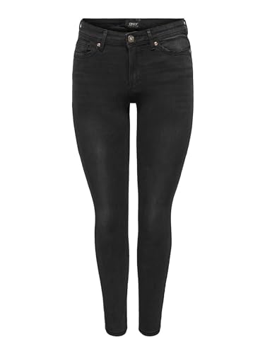 ONLY Damen Skinny Fit Jeans | Normal Waist Denim Stretch Hose | Bleached Used Design ONLWAUW, Farben:Schwarz, Größe:XL / 30L