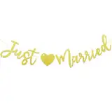 BETESSIN Girlande Hochzeit Deko - Just Married Girlande Gold Glitzer - Hochzeitsdeko zum Aufhängen - Hochzeitsgirlande für Wedding Decoration - Geschenkidee zur Brautdusche
