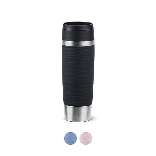 Emsa N20225 Travel Mug Wave Isolierbecher 0,5 Liter | neuer Komfort-Schraubverschluss | Edelstahl | 6h heiß und 12h kühl | 100% dicht | spülmaschinenfest | 360°-Trinköffnung | Schwarz