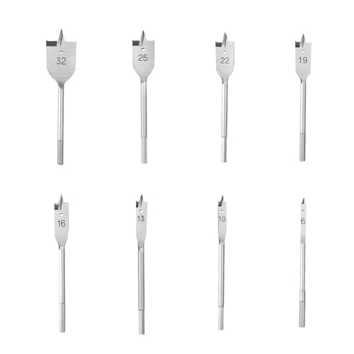 8tlg. Flachfräsbohrer Set, Ø 6-32 mm Spatenbohrer Set, 150mm Fräsbohrer Holz Lang, Flachfräs-Bohrer Set, Kohlenstoffstahl Flachholzbohrer Set, 1/4" Sechskantschaft, Flache Bit Set für Holzbearbeitung