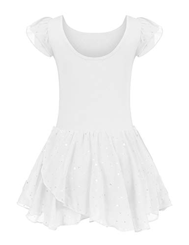 trudge Kinder Ballettkleidung Ballettkleid Mädchen Kurzarm Baumwolle Balletttrikot Ballettanzug Tanzkleid Tanzbody mit Rock Tütü Weiß 140