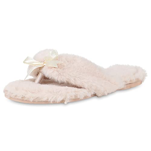 VAN HILL Damen Hausschuhe Warm Gefütterte Sandalen Zehentrenner Schleifen 146615 Creme 36