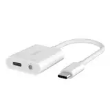 Belkin Rockstar™ 3,5-mm-Audio- + USB-C®-Ladeadapter, Kopfhörer-Adapter, Schnellladen mit USB-C Power Delivery, 60 W, u. a. für iPhone 15, iPad Pro, Galaxy, Note, Google Pixel, LG, Sony Xperia, Weiß