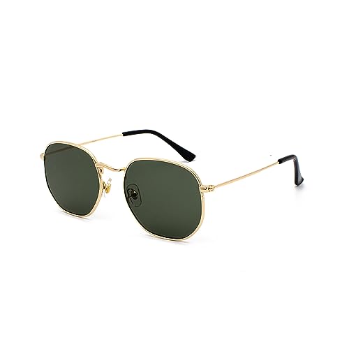 WDZAYXC Mode polygonale Sonnenbrille für Damen und Herren,Leicht Metallrahmen Brille，UV400 Schutz(Gold/Dunkelgrün)