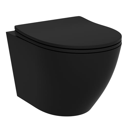 LAVITA Wand-WC Brava Black Hänge Toilette WC Sitz Toilettendeckel mit Absenkautomatik & Metallscharniere Toiletten Spülrandlos Hängend Toilettenbecken 360x480x375 mm Schwarz
