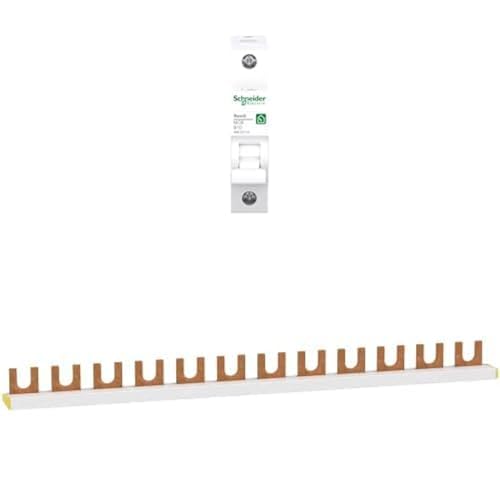 Bundle aus Schneider Electric Leitungschutzschalter RESI9 1P 10A B 6KA, R9F23110 + Schneider Electric R9XFH112 Phasenschiene Gabel, 1P, 12 TE, 63A