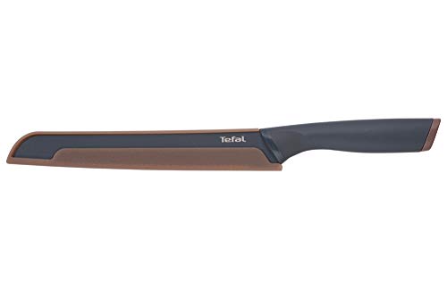 Tefal K12218 Fresh Kitchen Brotmesser 20 cm | Klinge aus Edelstahl mit titanverstärkter Antihaftbeschichtung | ergonomischer Griff | inkl. farbiger Schutzhülle | spülmaschinenfest | Schwarz/Braun