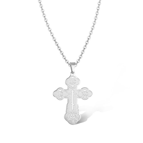 SIPURIS Orthodoxe Kreuz-Halskette für Männer, Jesus Christus, orthodoxer Kruzifix-Anhänger, Edelstahl, religiöser, christlicher Schmuck, Geburtstagsgeschenk (Silber-cross chain)