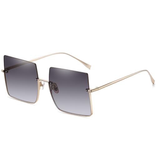 SHES Überdimensioniert Quadrat Sonnenbrille für Damen Designer Trendy Shades Halbrandloses Metallgestell SH3103 (C4-Gold Rahmen Farbverlauf Grau Linse)