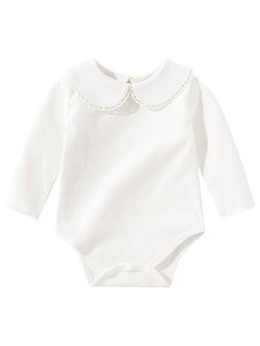 FEESHOW Mädchen Baby Body Mit Kragen Weiche Baumwolle Kurzarm Langarmshirt T-Shirt Mit Bubikragen Hochzeit Taufebekleidung Weiß Langarm-Beige 62-68