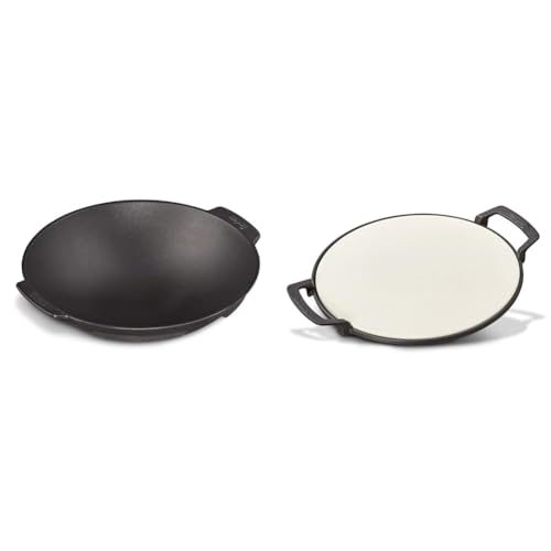 Enders Switch Grid Wok schwarz, aus massiv, emailliertem Gusseisen & SWITCH GRID Pizzastein, Halter aus Gusseisen