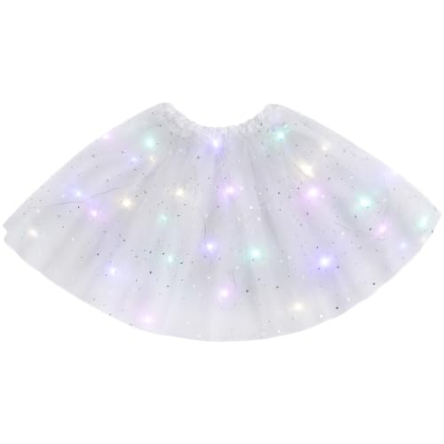 URAQT Tüllrock Damen LED Tütü Erwachsene, Tutu Rock LED, Minirock Mit LED Lichter für Fasching Karneval Motto Party Ballett Tanzen Fancy Dress Halloween Kostüm, 40CM(Weiß)