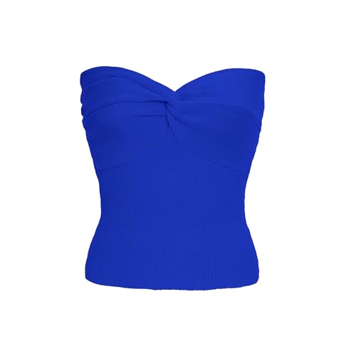 DGCUPODE Frauen Twist Knot Front Tube Tops Trägerloses Sommer-Pullover-Strick-Bandeau Ärmelloses Geripptes Y2K-Korsett-Crop-Top (Blau,3XL)