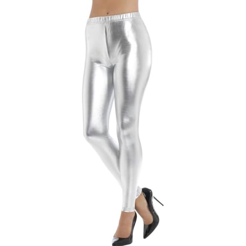 Silberne Hose Damen, Silber Hose Damen Metallic, Glänzende Leggings Silber(Größe M), Alienkostüm, Disco-Clubwear, für Karneval, Disco, Cosplay, Nachtclub,Halloween,Silvesterparty