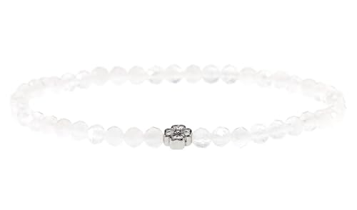 LAKADA Echtes Bergkristall Edelstein Armband mit facettierten 4mm Perlen und Edelstahlblüte Heilstein Schutzstein Edelsteinarmband Glücksbringer Talisman Geschenk (Bergkristall, S., 18CM)
