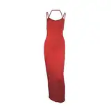 Bodycon Lang Sommerkleid FüR Damen Sexy SpaghettiträGer Maxi Bleistiftkleid Stretch Figurbetont Bodenlang Spaghetti Strap Partykleid (S,Rot)