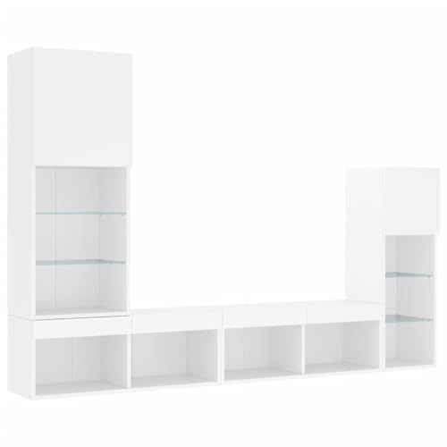 vidaXL Wohnwand 4-tlg., Schrankwand mit viel Stauraum, Anbauwand mit LED-Beleuchtung, Wandmontage Fernsehschrank Wohnzimmer Set Schrank, Weiß Holzwerkstoff