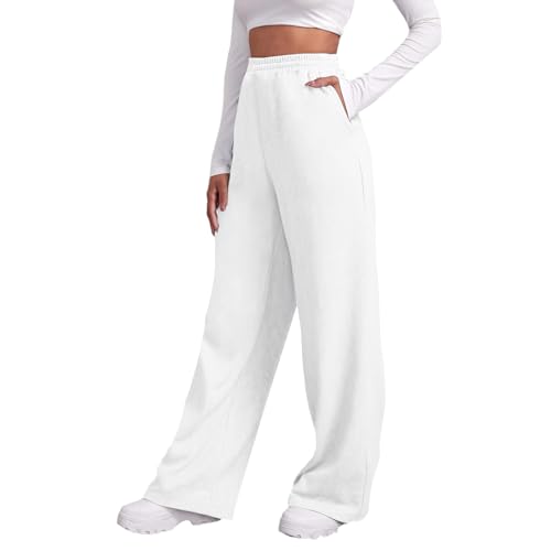 QWUVEDS Damen-Jogginghose mit Fleece-Futter, breite, gerade Beinhose, Jogginghose, Joggerhose, Workout, hohe Taille, Yogahose mit Taschen Damen Hose Schwarz Elegant (24-0309A-White, L)