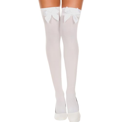 LILIKAI 1 Paar Overknees Strümpfe Damen,Sexy Kostüm Overknee Stockings Weiß Socken Red Schleife Weiße Kniestrümpfe Thigh Weihnachten Costume Accessoires Highs Kostuem (Weiß Schleife)